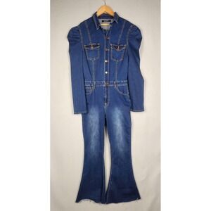GJG Denim Jumpsuit Womens Large Dark Blue Flare Leg Long Sleeve Button Up Retro